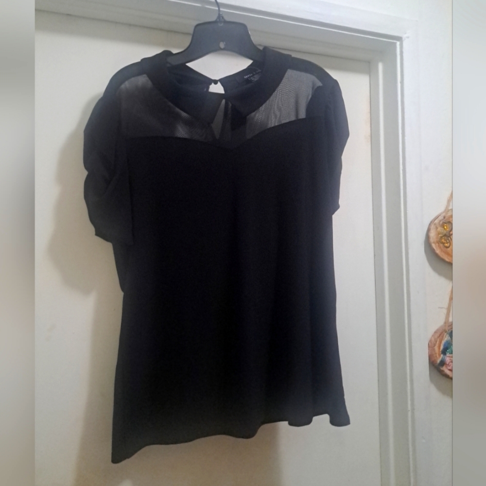 Adele And May XL Black Sheer Collared Puffed Sleeves Shirt Blouse